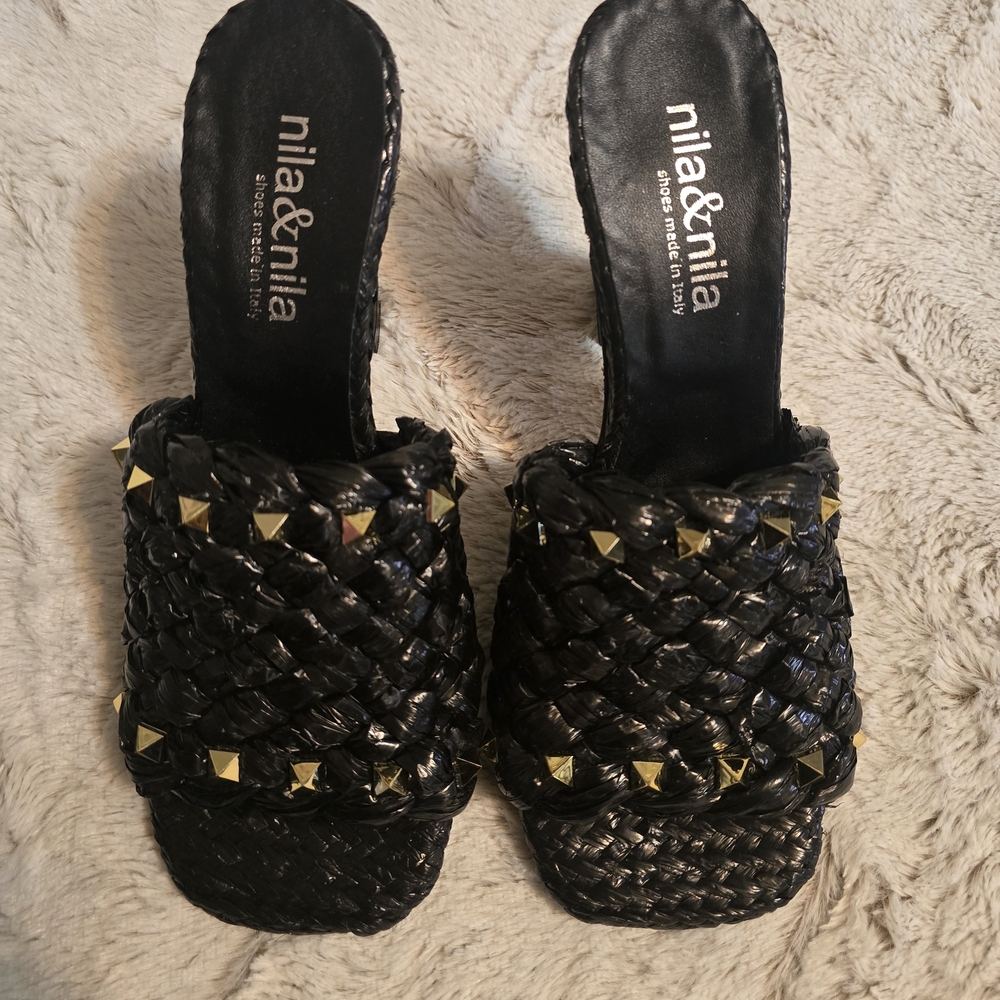 Black Woven Mules with Gold Studs
